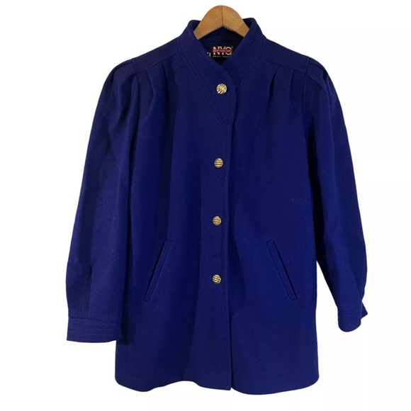 New York Girl Vintage Peacoat Size 14 Indigo Navy Blue Chunky Buttons Pleated - Picture 1 of 8